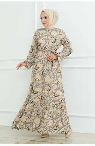 Gathered Chain Patterned Dress 9004-05 Mink 9004-05