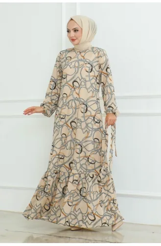 Gathered Chain Patterned Dress 9004-05 Mink 9004-05