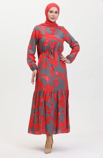 Pleated Patterned Dress 0451-05 Anthracite Red 0451-05