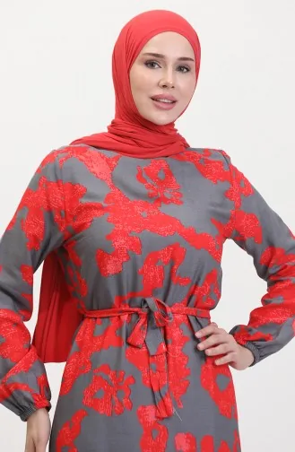 Pleated Patterned Dress 0451-05 Anthracite Red 0451-05