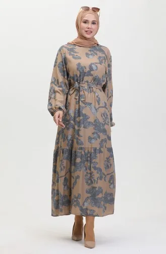 فستان بتصميم مُطبع وحواف مُجمعة 0451-03 لون رمادي 0451-03