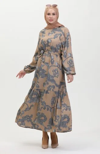 فستان بتصميم مُطبع وحواف مُجمعة 0451-03 لون رمادي 0451-03