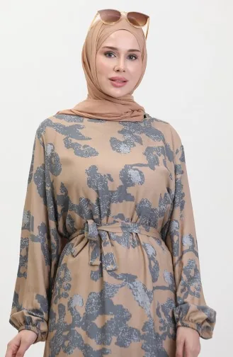 فستان بتصميم مُطبع وحواف مُجمعة 0451-03 لون رمادي 0451-03