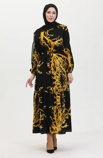 Desenli Kuşaklı Elbise 0458-01 Siyah Hardal