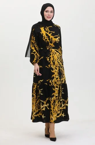 Desenli Kuşaklı Elbise 0458-01 Siyah Hardal