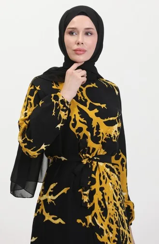 Desenli Kuşaklı Elbise 0458-01 Siyah Hardal