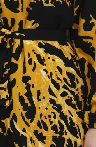 Desenli Kuşaklı Elbise 0458-01 Siyah Hardal