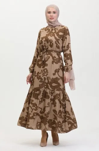 Gemustertes Kleid Mit Faltenrock 0451-04 Nerzbraun 0451-04