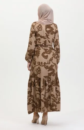 Gemustertes Kleid Mit Faltenrock 0451-04 Nerzbraun 0451-04