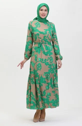 Gemustertes Kleid Mit Gerafftem Saum 0451-01 Grün 0451-01