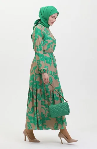 Gemustertes Kleid Mit Gerafftem Saum 0451-01 Grün 0451-01