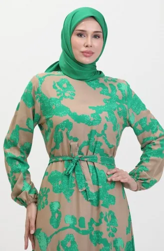 Gemustertes Kleid Mit Gerafftem Saum 0451-01 Grün 0451-01