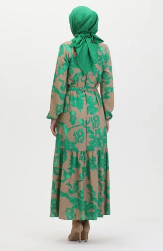Gemustertes Kleid Mit Gerafftem Saum 0451-01 Grün 0451-01