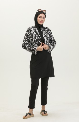 Maillot De Bain Hijab Court à Motifs 23260-05 Noir Blanc 23260-05