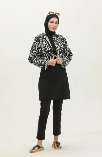 Gemusterter Bauchfreier Hijab-Badeanzug 23260-05 Schwarz Weiß 23260-05