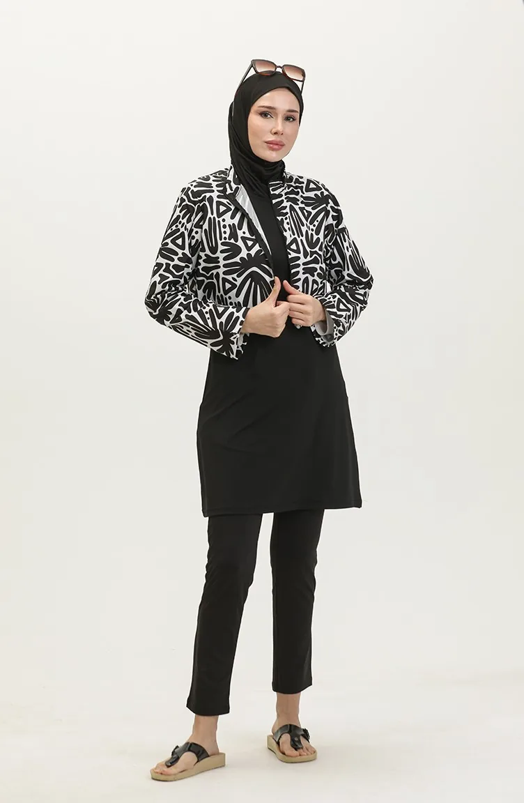 Gemusterter Bauchfreier Hijab-Badeanzug 23260-05 Schwarz Weiß 23260-05