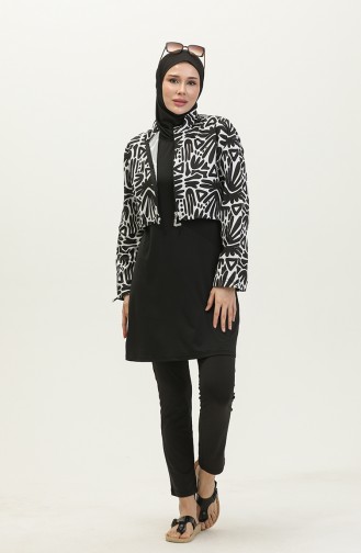 Maillot De Bain Hijab Court à Motifs 23260-05 Noir Blanc 23260-05