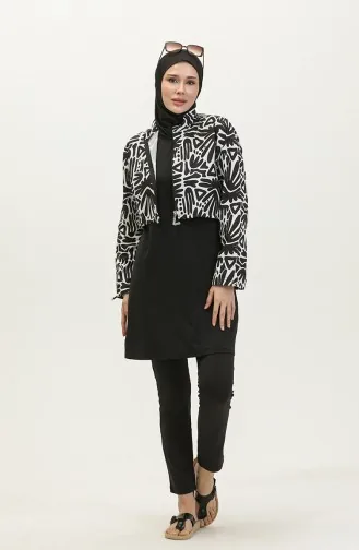Gemusterter Bauchfreier Hijab-Badeanzug 23260-05 Schwarz Weiß 23260-05