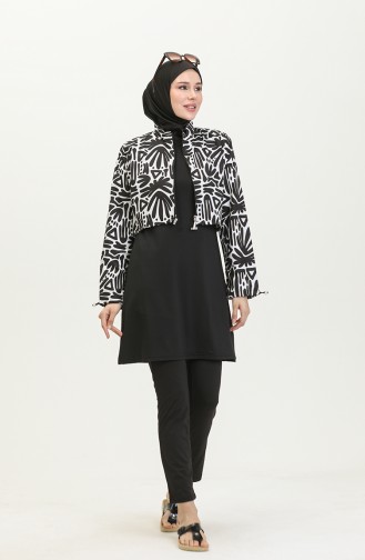 Maillot De Bain Hijab Court à Motifs 23260-05 Noir Blanc 23260-05