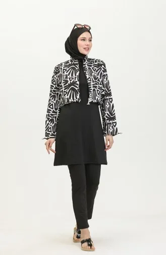 Gemusterter Bauchfreier Hijab-Badeanzug 23260-05 Schwarz Weiß 23260-05