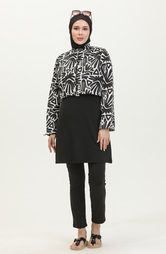 Maillot De Bain Hijab Court à Motifs 23260-05 Noir Blanc 23260-05
