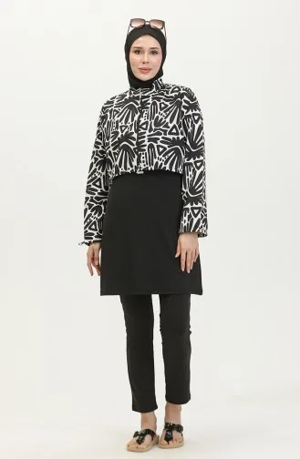 Gemusterter Bauchfreier Hijab-Badeanzug 23260-05 Schwarz Weiß 23260-05