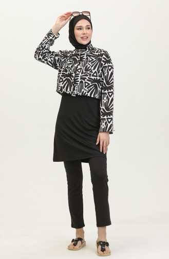 Maillot De Bain Hijab Court à Motifs 23260-05 Noir Blanc 23260-05