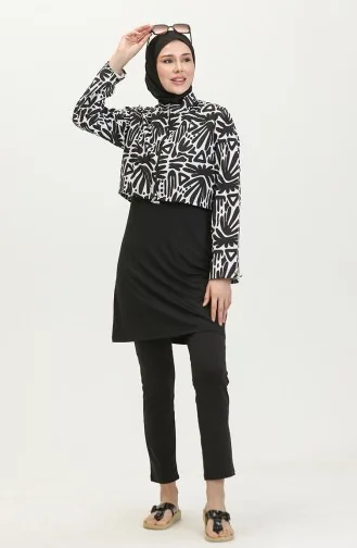 Gemusterter Bauchfreier Hijab-Badeanzug 23260-05 Schwarz Weiß 23260-05