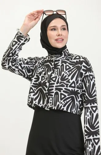 Gemusterter Bauchfreier Hijab-Badeanzug 23260-05 Schwarz Weiß 23260-05
