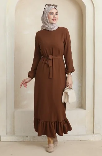 فستان سادة بحزام 1015-03 بني 1015-03