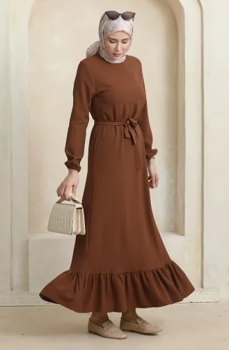فستان سادة بحزام 1015-03 بني 1015-03