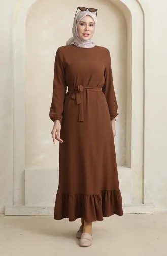 فستان سادة بحزام 1015-03 بني 1015-03