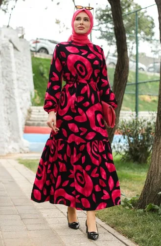 Robe Viscose A Ceinture Et Détail Côtelé 0446-02 Fuchsia 0446-02