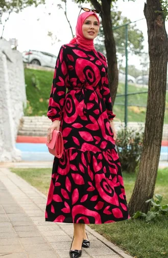 Robe Viscose A Ceinture Et Détail Côtelé 0446-02 Fuchsia 0446-02