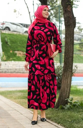 Robe Viscose A Ceinture Et Détail Côtelé 0446-02 Fuchsia 0446-02