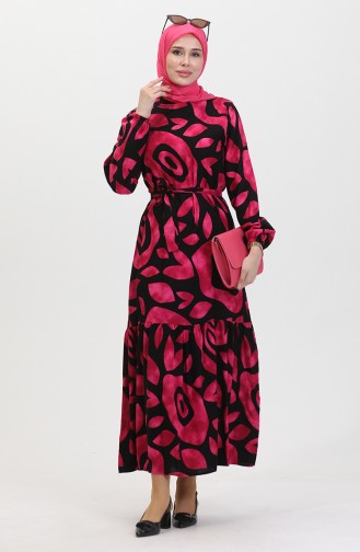 Robe Viscose A Ceinture Et Détail Côtelé 0446-02 Fuchsia 0446-02