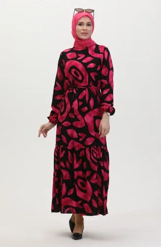 Robe Viscose A Ceinture Et Détail Côtelé 0446-02 Fuchsia 0446-02