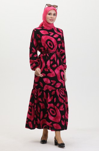 Robe Viscose A Ceinture Et Détail Côtelé 0446-02 Fuchsia 0446-02