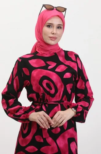 Robe Viscose A Ceinture Et Détail Côtelé 0446-02 Fuchsia 0446-02