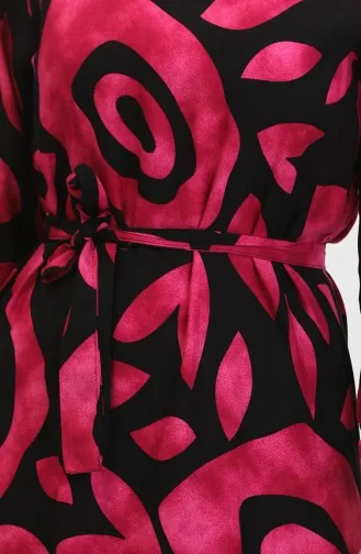 Robe Viscose A Ceinture Et Détail Côtelé 0446-02 Fuchsia 0446-02