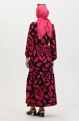 Robe Viscose A Ceinture Et Détail Côtelé 0446-02 Fuchsia 0446-02