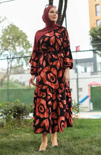 Robe Viscose A Ceinture Détail Côtelée 0446-01 Carreau 0446-01