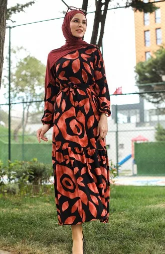 Robe Viscose A Ceinture Détail Côtelée 0446-01 Carreau 0446-01