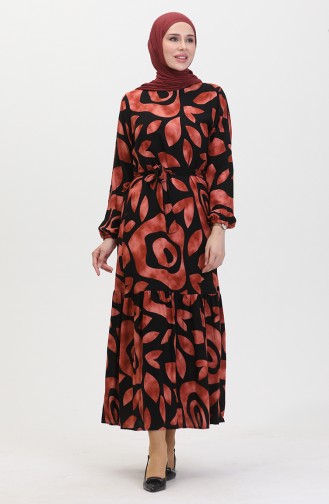 Geripptes Detailliertes Viskosekleid Mit Gürtel 0446-01 Tile 0446-01
