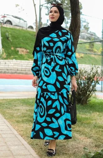 Robe Viscose A Ceinture Et Détail Côtelé 0446-04 Bleu 0446-04