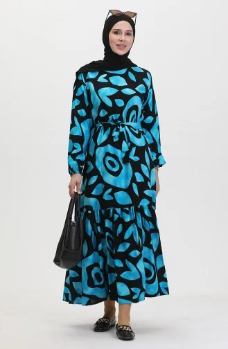 Robe Viscose A Ceinture Et Détail Côtelé 0446-04 Bleu 0446-04