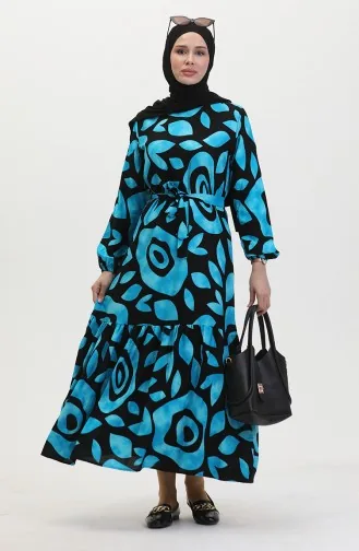 Robe Viscose A Ceinture Et Détail Côtelé 0446-04 Bleu 0446-04