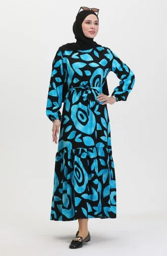 Robe Viscose A Ceinture Et Détail Côtelé 0446-04 Bleu 0446-04