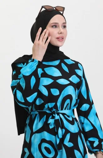 Robe Viscose A Ceinture Et Détail Côtelé 0446-04 Bleu 0446-04