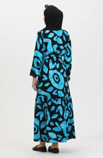 Robe Viscose A Ceinture Et Détail Côtelé 0446-04 Bleu 0446-04